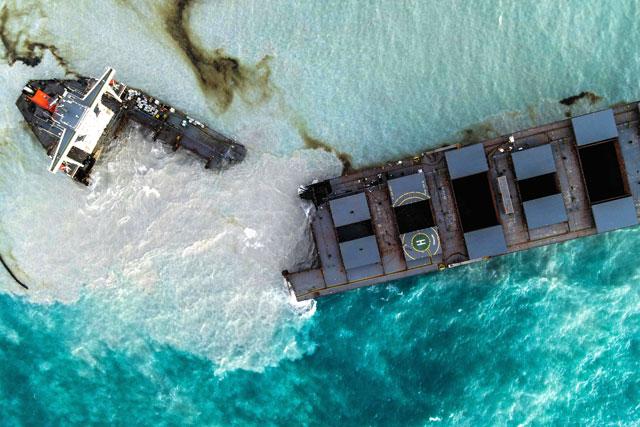 Ship that oozed oil off Mauritius coast splits in two