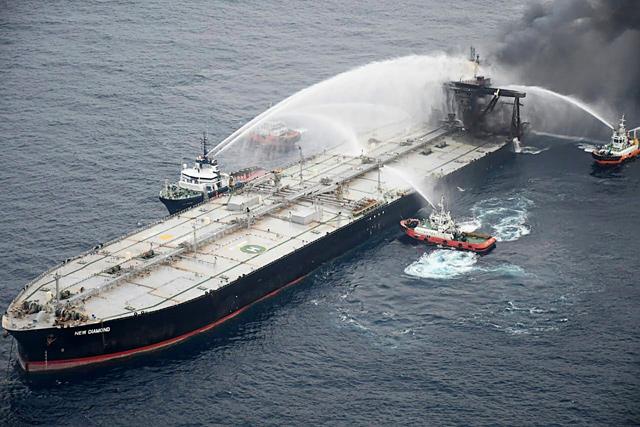 Burning oil tanker leaks diesel off Sri Lanka’s coast