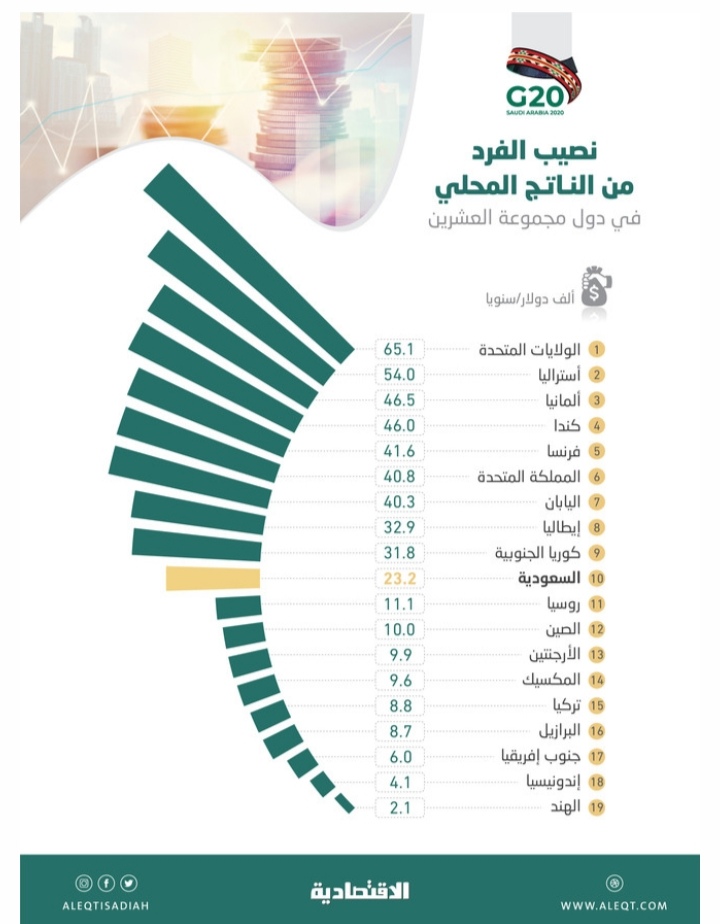 السعودية تتوسط دول العشرين في نصيب الفرد من الناتج المحلي .. أمريكا الأعلى والهند الأقل.