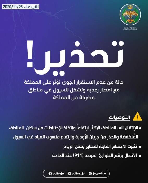 الامن العام يحذر من حالة عدم الاستقرار الجوي التي تؤثر حاليًا على المملكة