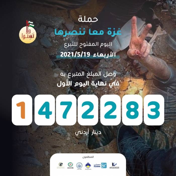 الأردنيون يجمعون 1472283 دينار اردني لحملة غزة معا ننصرها.. وباب التبرع مفتوح