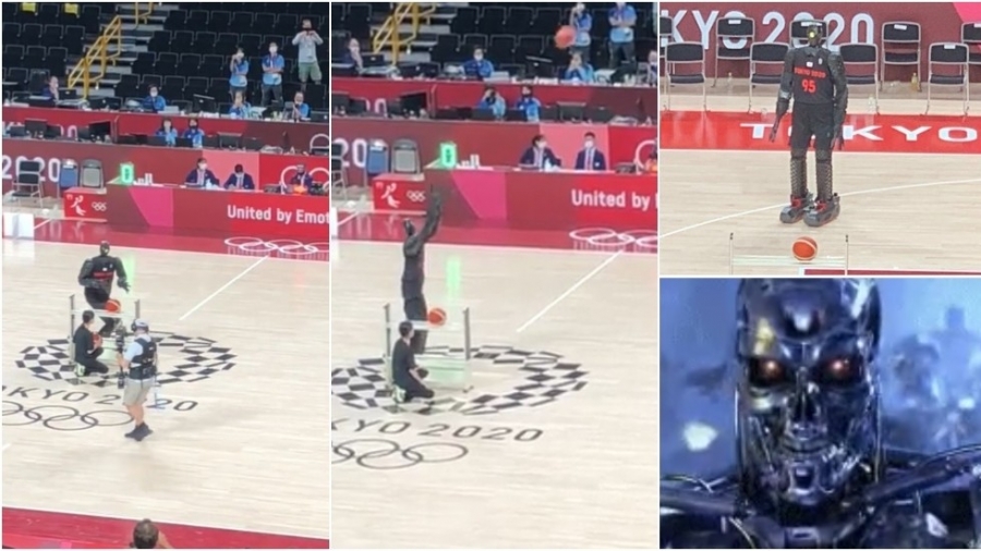 ‘Humans are gonna get fried’: Basketball robot TERRIFIES fans as it lands halfcourt shot in Olympics display (VIDEO)