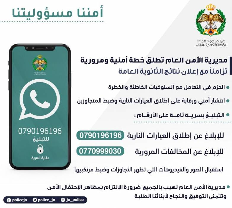 مديرية الأمن العام تطلق خطة أمنية ومرورية؛ تزامناً مع إعلان نتائج شهادة الثانوية العامة.