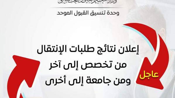 إعلان نتائج طلبات الإنتقال من تخصص إلى آخر ومن جامعة إلى أخرى (رابط)