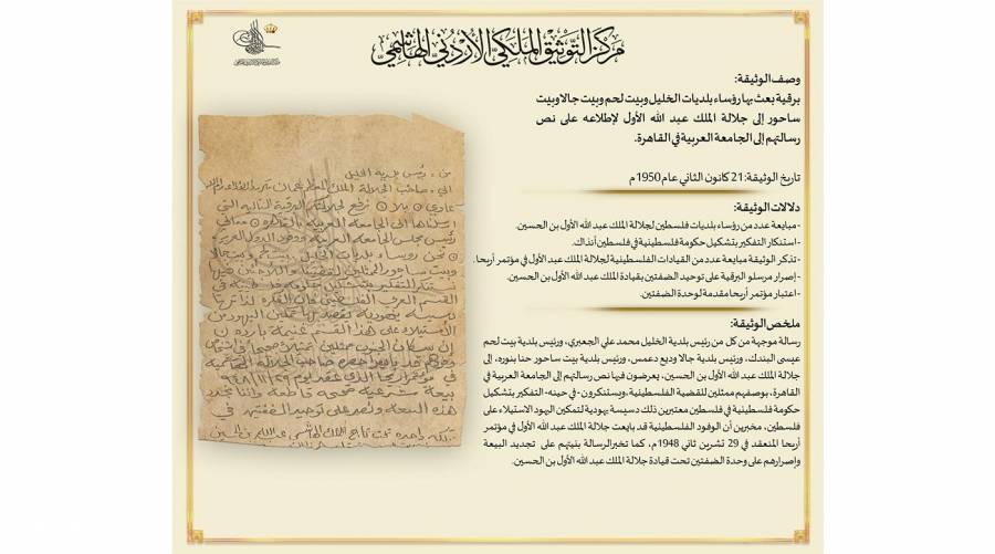 التوثيق الملكي يعرض وثيقة بمناسبة وحدة الضفتين