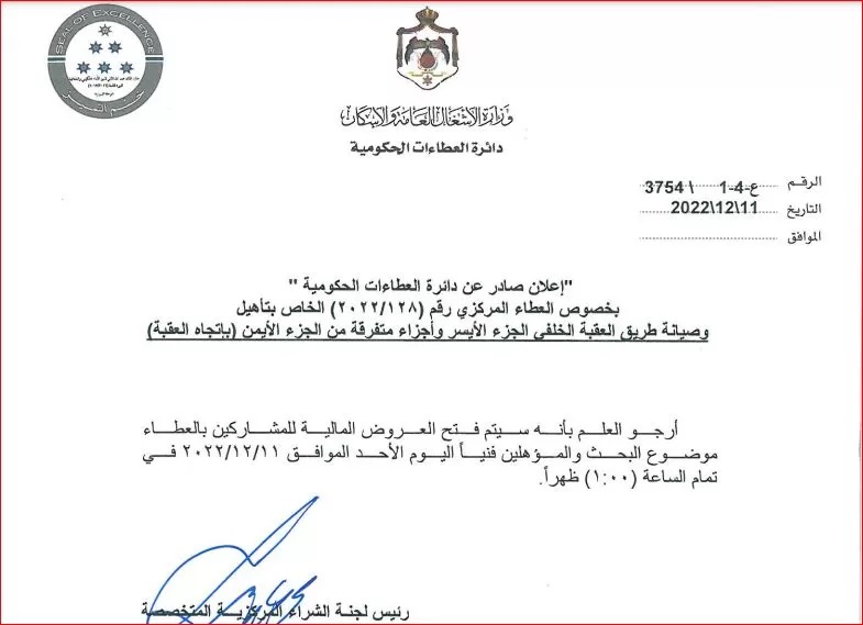 طرح عطاء تأهيل وصيانة طريق العقبة الخلفي