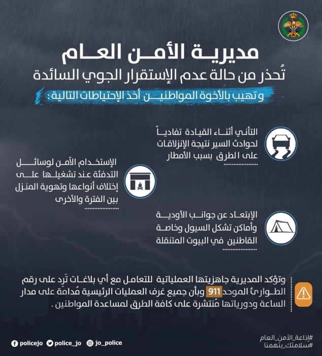مديرية الأمن العام تحذر وتؤكد على أخذ الحيطة والحذر