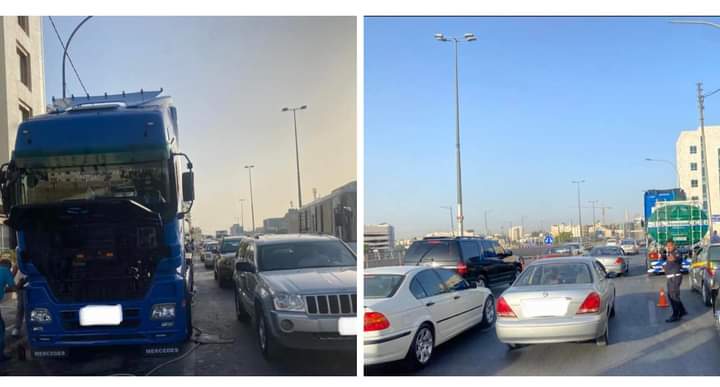 تعطل صهريج مياه للسير القادم من دوار الداخلية باتجاه شارع الملكة نور