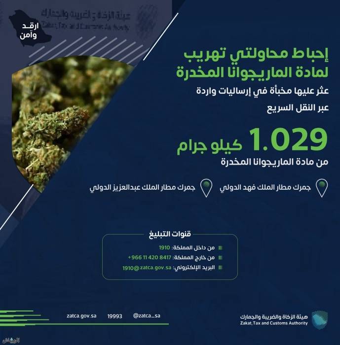 السعودية : إحباط محاولتي تهريب 1.029 كيلوجرام من مادة الماريجوانا