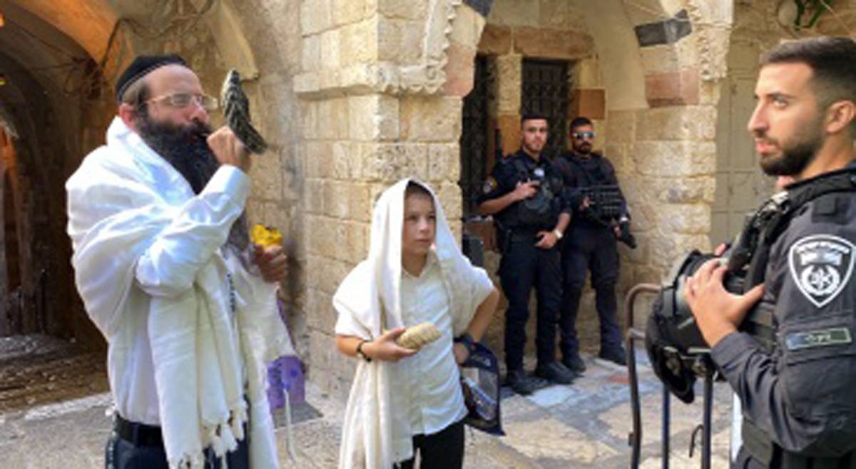 مستوطن متطرف ينفخ بالبوق على عتبات الأقصى