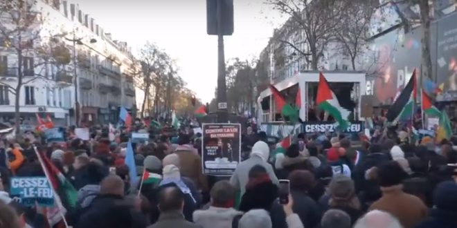 مظاهرة حاشدة في باريس تطالب بوقف العدوان الإسرائيلي على غزة