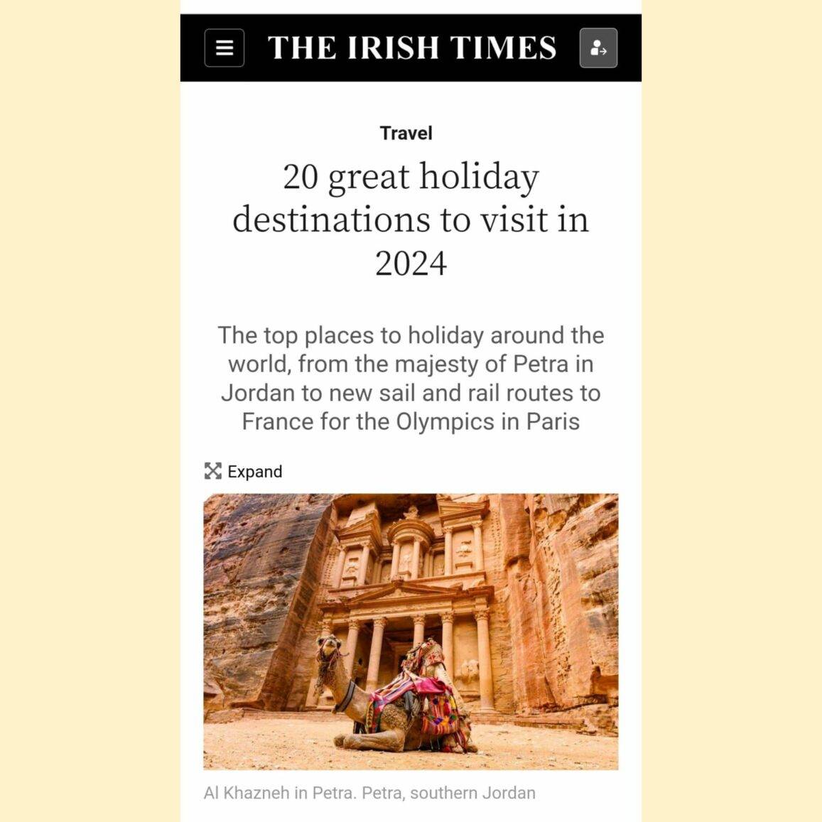 وكالة إيرلندية تصنف البترا ثالث أفضل الوجهات السياحة التي يجب زيارتها لعام 2024