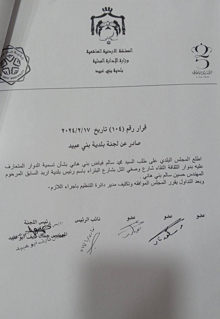 إعادة تسمية دوار الثقافة سابقا بإسم  رئيس بلدية إربد السابق المرحوم حسين بني هاني