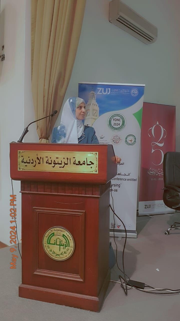 شاركت كلية التمريض في جامعة الزرقاء، ممثلة بعضو هيئة التدريس د. ناهد الحسن، في المؤتمر التمريضي الأول بجامعة الزيتونة الأردنية الذي انعقد خلال الفترة من 8 إلى 9 مايو 2024.