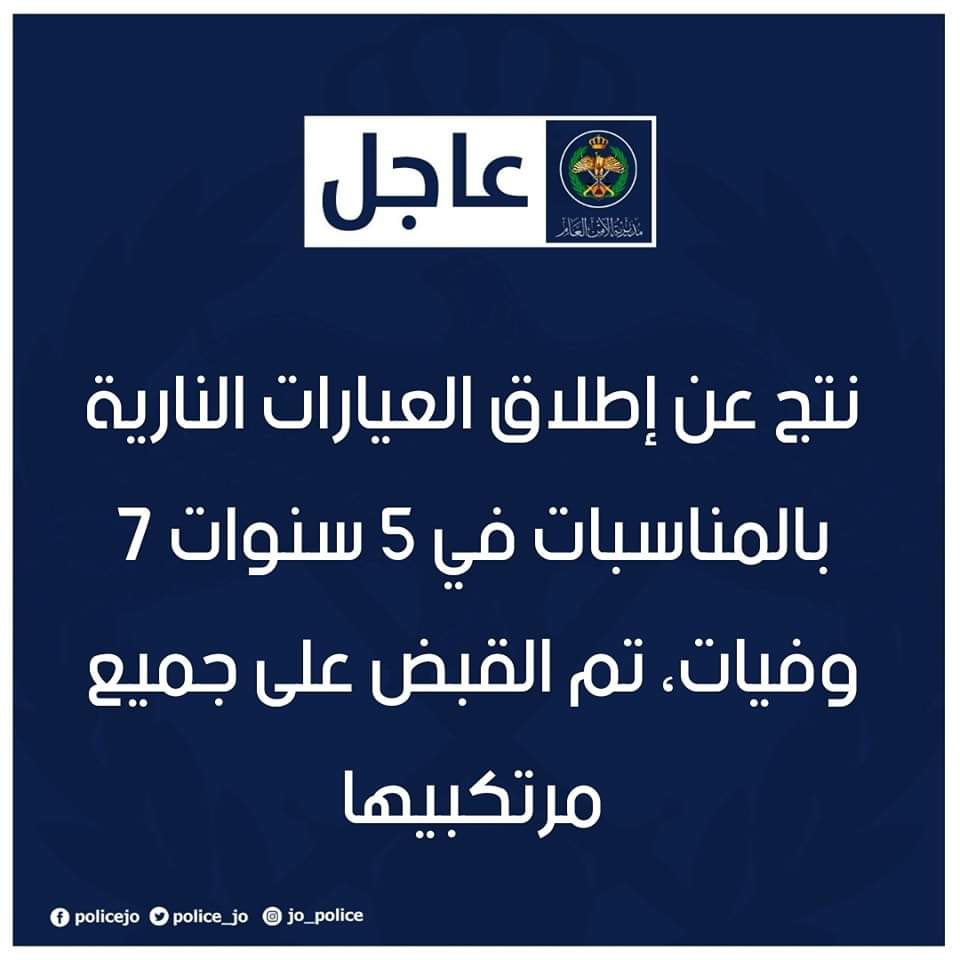 نتج عن إطلاق العيارات النارية بالمناسبات في 5 سنوات 7 وفيات، تم القبض على جميع مرتكبيها.