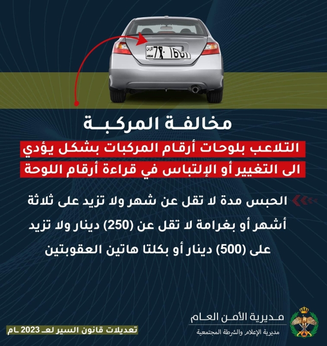 الحبس مدة تصل لـ 3 أشهر وغرامة تصل لـ 500 دينار لمن تلاعب بلوحات مركبته