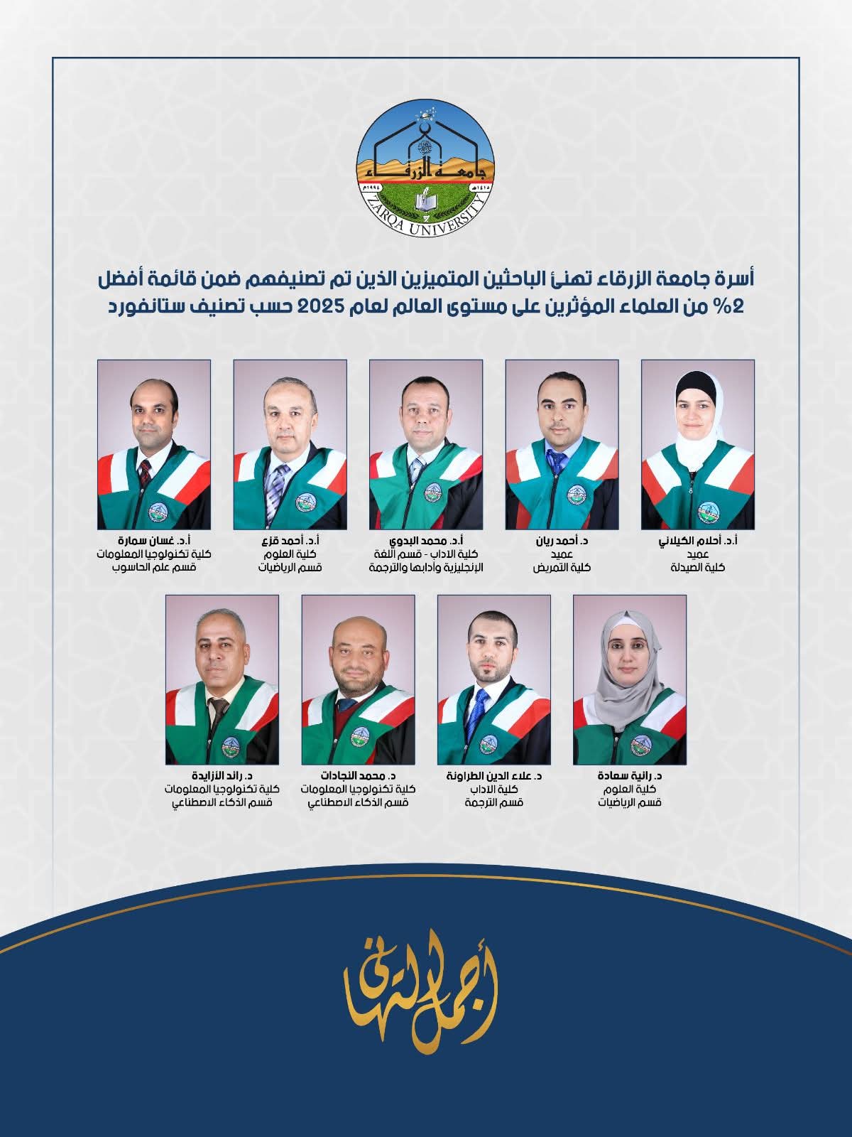 تسعة باحثين من جامعة الزرقاء ضمن قائمة أفضل العلماء المؤثرين عالميًا